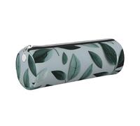 GaxfjRu Estuche redondo de piel sintética con diseño de hojas de color gris menta, almacenamiento para bolígrafos, lápices, marcadores, suministros pequeños, cremallera de metal con cuero, Silver