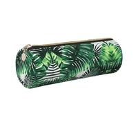 GaxfjRu Estuche redondo de piel sintética con diseño de hojas de plátano y palmera tropical, almacenamiento para bolígrafos, lápices, marcadores, suministros pequeños, cremallera de metal con cuero