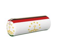 GaxfjRu Estuche redondo de piel sintética con diseño de la bandera de Tayikistán, almacenamiento para bolígrafos, lápices, marcadores, suministros pequeños, cremallera de metal con cuero, Gold, Talla