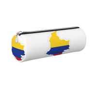 GaxfjRu Estuche redondo de piel sintética con diseño de mapa de la bandera de Colombia, almacenamiento para bolígrafos, lápices, marcadores, suministros pequeños, cremallera de metal con cuero, Silver