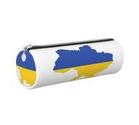 GaxfjRu Estuche redondo de piel sintética con diseño de mapa de la bandera de Ucrania, almacenamiento para bolígrafos, lápices, marcadores, suministros pequeños, cremallera de metal con cuero, Silver