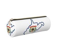 GaxfjRu Estuche redondo de piel sintética con diseño de mapa de la bandera del estado de Virginia Occidental, almacenamiento para bolígrafos, lápices, marcadores, suministros pequeños, cremallera de