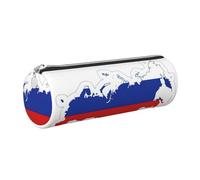 GaxfjRu Estuche redondo de piel sintética con diseño de mapa de la bandera rusa, almacenamiento para bolígrafos, lápices, marcadores, suministros pequeños, cremallera de metal con cuero, Silver, Talla