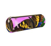 GaxfjRu Estuche redondo de piel sintética con diseño de mariposas y flores, almacenamiento para bolígrafos, lápices, marcadores, suministros pequeños, cremallera de metal con cuero, Gold, Talla única