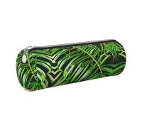 GaxfjRu Estuche redondo de piel sintética con diseño de palmera y hojas verdes, almacenamiento para bolígrafos, lápices, marcadores, suministros pequeños, cremallera de metal con piel, Silver, Talla