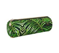 GaxfjRu Estuche redondo de piel sintética con diseño de palmera y hojas verdes, almacenamiento para bolígrafos, lápices, marcadores, suministros pequeños, cremallera de metal con piel, Gold, Talla