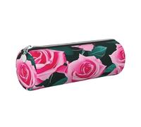 GaxfjRu Estuche redondo de piel sintética con diseño de rosas rosas, almacenamiento para bolígrafos, lápices, marcadores, suministros pequeños, cremallera de metal con piel, Silver, Talla única