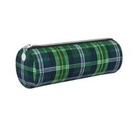 GaxfjRu Estuche redondo de piel sintética con diseño de tartán escocés azul, almacenamiento para bolígrafos, lápices, marcadores, suministros pequeños, cremallera de metal con cuero, Silver, Talla