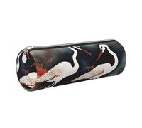 GaxfjRu Estuche redondo de piel sintética con dos grullas japonesas volando con pintura tradicional - Almacenamiento para bolígrafos, lápices, marcadores, suministros pequeños, cremallera de metal con