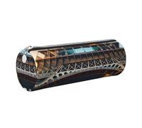 GaxfjRu Estuche redondo de piel sintética con imagen de la Torre Eiffel de París, almacenamiento para bolígrafos, lápices, marcadores, suministros pequeños, cremallera de metal con piel, Silver, Talla