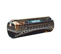 GaxfjRu Estuche redondo de piel sintética con imagen de la Torre Eiffel de París, almacenamiento para bolígrafos, lápices, marcadores, suministros pequeños, cremallera de metal con piel, Gold, Talla