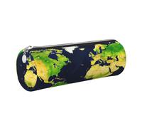 GaxfjRu Estuche redondo de piel sintética con mapa del mundo, almacenamiento para bolígrafos, lápices, marcadores, suministros pequeños, cremallera de metal con cuero, Silver, Talla única, Tarjetero
