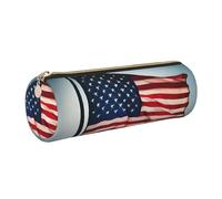 GaxfjRu Estuche redondo de piel sintética con patrón de bandera americana, almacenamiento para bolígrafos, lápices, marcadores, suministros pequeños, cremallera de metal con cuero, Gold, Talla única