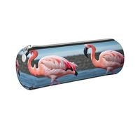 GaxfjRu Flamingos on The Beach - Estuche redondo de piel sintética, almacenamiento para bolígrafos, lápices, marcadores, suministros pequeños, cremallera de metal con piel, Silver, Talla única