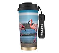 GaxfjRu Flamingos on The Beach - Taza de café aislada con doble tapa, 500 ml, acero inoxidable 316, capa interior, vaso térmico con popote