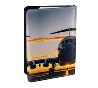 GaxfjRu Funda de piel con estampado de avión al atardecer para pasaporte, impermeable, para viajes, para mujeres y hombres, Black, Talla única