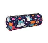 GaxfjRu Funny Cats Birds and Flowers - Estuche redondo de piel sintética, almacenamiento para bolígrafos, lápices, marcadores, suministros pequeños, cremallera de metal con piel, Silver, Talla única