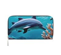 GaxfjRu Hermosa cartera larga de piel con estampado de delfines del mundo submarino, con estampado de coral, para hombre, estilo vintage, tarjetero para tarjetas de crédito