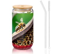GaxfjRu Honey Bees - Tapas de vidrio de 16 onzas y popote de vidrio, vasos de vidrio más anchos para batidos, té, cola, refrescos