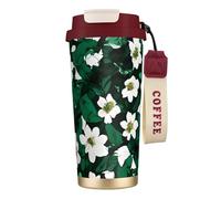GaxfjRu Hunter Green - Taza de café aislada con doble tapa y diseño de pétalos florales, 500 ml, acero inoxidable 316, capa interior, vaso térmico con popote