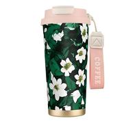 GaxfjRu Hunter Green - Taza de café aislada con doble tapa y diseño de pétalos florales, 500 ml, acero inoxidable 316, capa interior, vaso térmico con popote