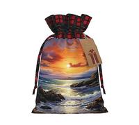 GaxfjRu Irlanda Sunset Seascape Print Christmas Color Block Burlap Gift Bags with Drawstring Christmas Bags for Gifts Coworkers