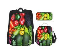 GaxfjRu Juego de 3 mochilas de frutas y verduras frescas para almuerzo con lonchera y estuche para lápices, perfecto para la escuela, mochila para hombres