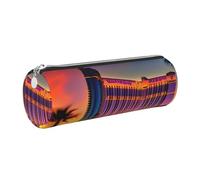 GaxfjRu Las Vegas Sunset - Estuche redondo de piel sintética para guardar bolígrafos, lápices, marcadores, suministros pequeños, cremallera de metal con cuero, Silver, Talla única, Tarjetero