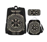 GaxfjRu Magical Design - Mochila escolar con estampado de brújula de runas nórdicas, 3 piezas, con bolsa de almuerzo, estuche para lápices, gran capacidad de 17 pulgadas, 3 en 1