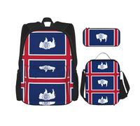 GaxfjRu Mochila escolar con estampado de bandera del estado de Wyoming, 3 piezas, con bolsa de almuerzo, estuche para lápices, gran capacidad de 17 pulgadas, juego de 3 en 1