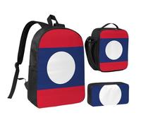 GaxfjRu Mochila escolar ligera con estampado de bandera de Laos, 3 unidades, con lonchera y estuche para lápices