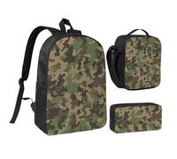 GaxfjRu Mochila escolar ligera con estampado de camuflaje verde, 3 unidades, con lonchera y estuche para lápices