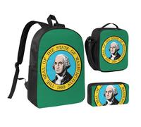 GaxfjRu Mochila escolar ligera con estampado de la bandera de Washington, 3 unidades, con lonchera y estuche para lápices