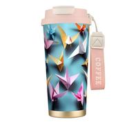 GaxfjRu Origami Paper Cranes - Taza de café aislada con doble tapa, 500 ml, acero inoxidable 316, capa interior, vaso térmico con pajita