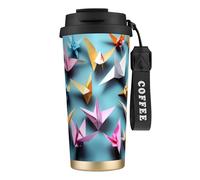 GaxfjRu Origami Paper Cranes - Taza de café aislada con doble tapa, 500 ml, acero inoxidable 316, capa interior, vaso térmico con pajita