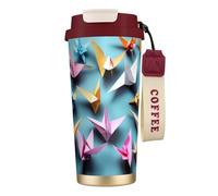 GaxfjRu Origami Paper Cranes - Taza de café aislada con doble tapa, 500 ml, acero inoxidable 316, capa interior, vaso térmico con pajita