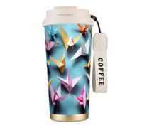 GaxfjRu Origami Paper Cranes - Taza de café aislada con doble tapa, 500 ml, acero inoxidable 316, capa interior, vaso térmico con pajita