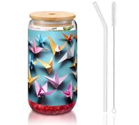 GaxfjRu Origami Paper Cranes - Vasos de vidrio de 16 onzas con tapas y popote de vidrio, vasos de vidrio más anchos para batidos, té, cola, refrescos