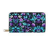 GaxfjRu Purple Flowers - Cartera de piel sintética con cremallera de metal, tarjetero para mujeres modernas y organizadas, Flor púrpura y verde azulado, Talla única, Classic