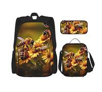 GaxfjRu Rural Honey Bees Flowers - Juego de 3 mochilas para almuerzo con lonchera y estuche para lápices, perfecto para la escuela, mochila para hombre