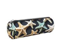 GaxfjRu Seashell - Estuche redondo de piel sintética con diseño de estrella de mar, almacenamiento para bolígrafos, lápices, marcadores, suministros pequeños, cremallera de metal con piel, Silver