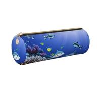 GaxfjRu Shark Swimming Under The Sea - Estuche redondo de piel sintética, almacenamiento para bolígrafos, lápices, marcadores, suministros pequeños, cremallera de metal con piel, Gold, Talla única