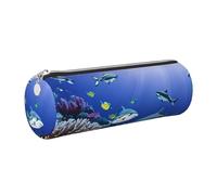 GaxfjRu Shark Swimming Under The Sea - Estuche redondo de piel sintética, almacenamiento para bolígrafos, lápices, marcadores, suministros pequeños, cremallera de metal con piel, Silver, Talla única
