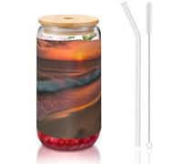 GaxfjRu Sunset at The Beach - Tapas de vidrio de 16 onzas y popote de vidrio, vasos de vidrio más anchos para batidos, té, cola, refrescos