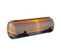 GaxfjRu Sunset Dolphins - Estuche redondo de piel sintética, almacenamiento para bolígrafos, lápices, marcadores, suministros pequeños, cremallera de metal con cuero, Gold, Talla única, Tarjetero