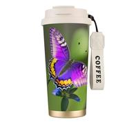GaxfjRu Taza de café aislada con doble tapa, 500 ml, capa interior de acero inoxidable 316, taza térmica con pajita, color morado