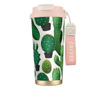 GaxfjRu Taza de café aislada con doble tapa con estampado de cactus verde, 500 ml, vaso térmico de acero inoxidable 316 con popote