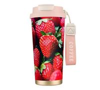 GaxfjRu Taza de café aislada con doble tapa con estampado de fresas frescas, 500 ml, vaso térmico de acero inoxidable 316 con popote