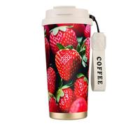 GaxfjRu Taza de café aislada con doble tapa con estampado de fresas frescas, 500 ml, vaso térmico de acero inoxidable 316 con popote