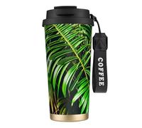 GaxfjRu Taza de café aislada con doble tapa con estampado de hojas verdes de palmera, 500 ml, vaso térmico de acero inoxidable 316 con popote